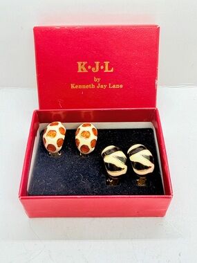 2 Sets KJL Kenneth Jay Lane Clip On Earrings Jungle Pattern, Zebra & Giraffe IOB